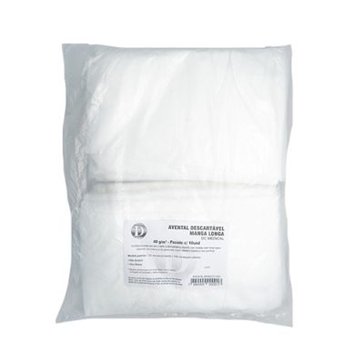 Avental descartável de TNT branco p/proteção manga longa 40g pacote c/ 10 un