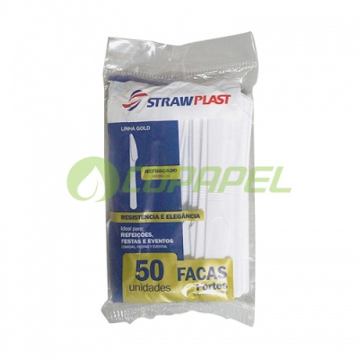 Faca de plástico branco p/ refeição pacote c/ 50 un Strawplast
