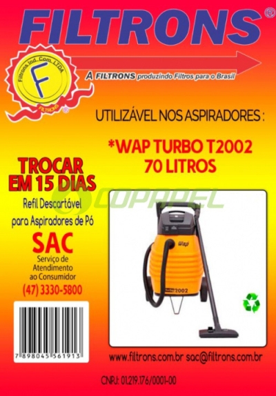 Filtro descartável de papel p/ aspirador Wap Turbo T2002 70L Filtrons